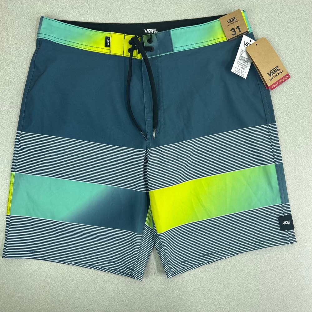 Vans Era Boardshorts Mens 31 Teal Lime Green Striped 4-Way Stretch VN0A3HBOYNA